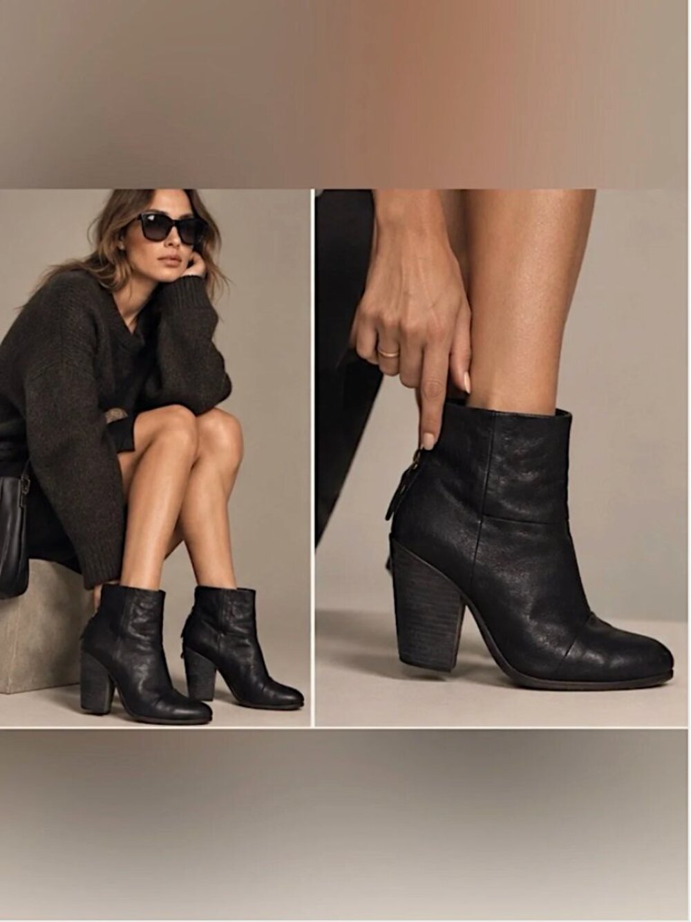 RAG & BONE Newbury Leather Ankle Boots Stacked Heel Back Zip Size 9 Black